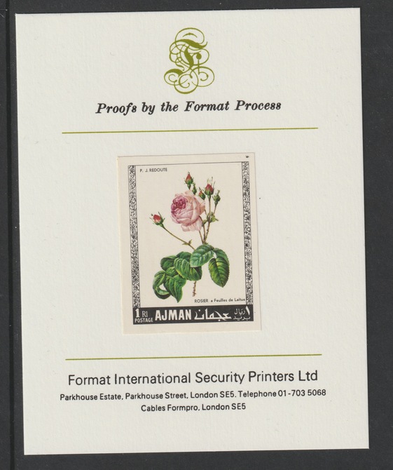 Ajman 1969 Roses 1R (Feuilles de Laitue) imperf mounted on Format International proof card as Michel 406B, stamps on flowers, stamps on roses