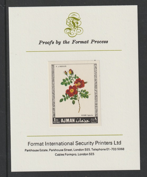 Ajman 1969 Roses 1R (Eglantier) imperf mounted on Format International proof card as Michel 407B, stamps on flowers, stamps on roses