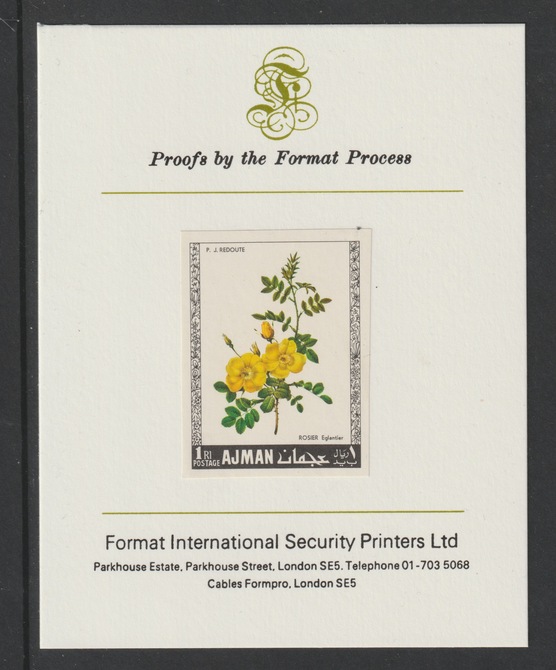 Ajman 1969 Roses 1R (Eglantier) imperf mounted on Format International proof card as Michel 408B, stamps on flowers, stamps on roses