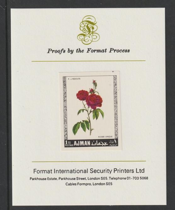 Ajman 1969 Roses 1R (Eveque) imperf mounted on Format International proof card as Michel 409B, stamps on , stamps on  stamps on flowers, stamps on  stamps on roses