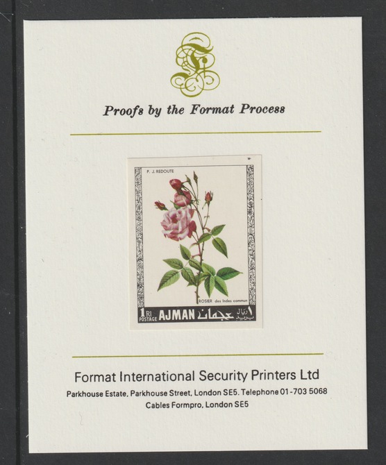 Ajman 1969 Roses 1R (Indes Commun) imperf mounted on Format International proof card as Michel 410B, stamps on flowers, stamps on roses