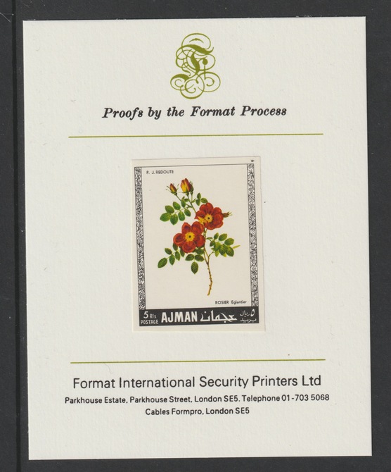 Ajman 1969 Roses 5R (Eglantier) ex m/sheet  imperf mounted on Format International proof card as Michel 411B, stamps on flowers, stamps on roses