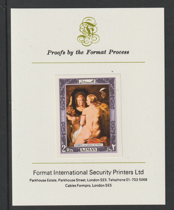 Ajman 1969 Nude Paintings 2R (Rubens) imperf mounted on Format International proof card as Michel 437B, stamps on arts, stamps on nudes, stamps on rubens