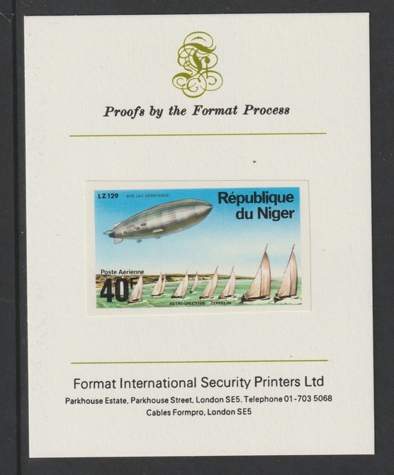 Niger Republic 1976 Zeppelins - Hindenburg 40f imperf mounted on Format International proof card  as SG 624, stamps on , stamps on  stamps on aviation, stamps on  stamps on airships, stamps on  stamps on zeppelins