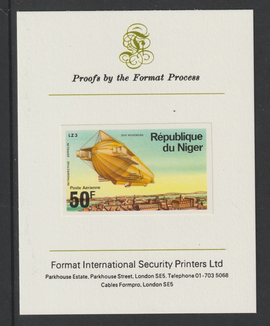 Niger Republic 1976 Zeppelins - LZ-3 50f imperf mounted on Format International proof card  as SG 625, stamps on aviation, stamps on airships, stamps on zeppelins