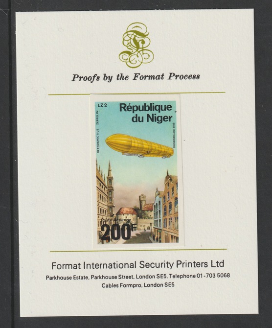 Niger Republic 1976 Zeppelins - LZ-2 200f imperf mounted on Format International proof card  as SG 627, stamps on , stamps on  stamps on aviation, stamps on  stamps on airships, stamps on  stamps on zeppelins