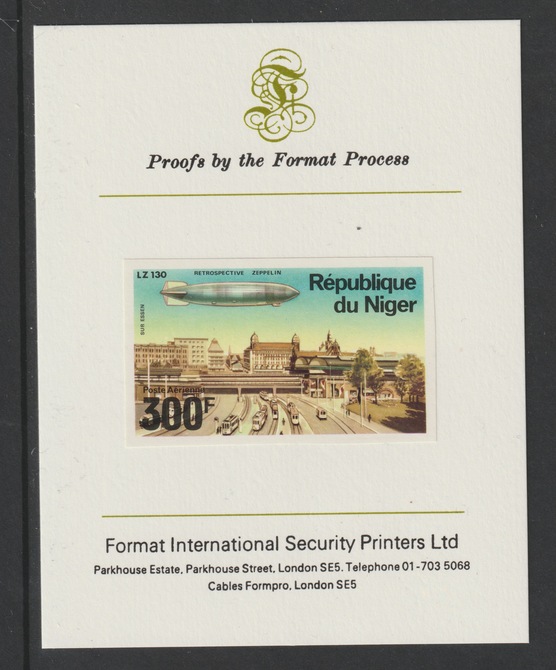 Niger Republic 1976 Zeppelins - Graf Zeppelin 300f imperf mounted on Format International proof card  as SG 628, stamps on , stamps on  stamps on aviation, stamps on  stamps on airships, stamps on  stamps on zeppelins