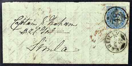 India 1863 entire to Simba bearing 1/2a blue with fine Bareilly ‘48’ duplex cancel, stamps on 