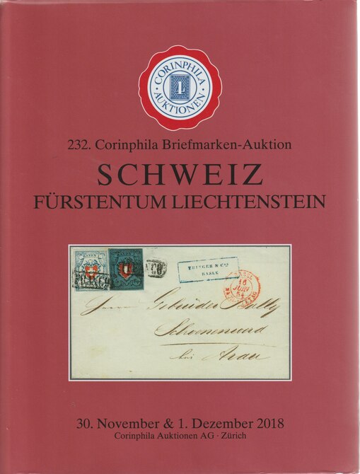 Auction Catalogue - Switzerland & Liechtenstein - Corinphila 30 Nov-1 Dec 2018 - Hard back complete with prices realised - UK buyers only please., stamps on switzerland, stamps on liechtenstein