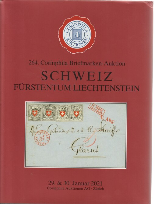 Auction Catalogue - Switzerland & Liechtenstein - Corinphila 29-30 Jan 2021 - Hard back complete with prices realised - UK buyers only please., stamps on switzerland, stamps on liechtenstein