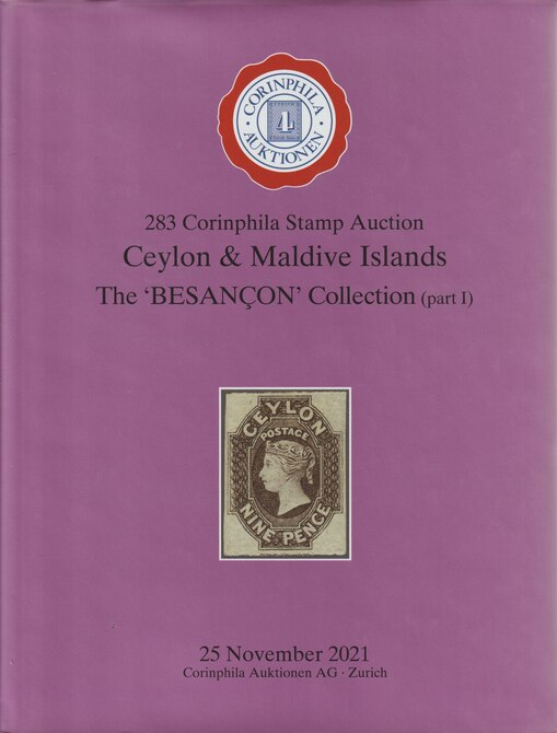 Auction Catalogue - Ceylon & Maldives - The Besancon collection - Corinphila 25 Nov 2021 - Hard back complete with prices realised - UK buyers only please., stamps on ceylon, stamps on maldives