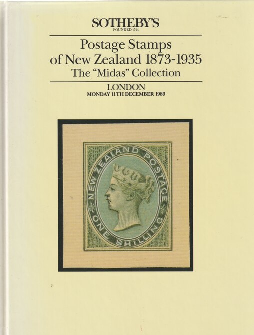 Auction Catalogue - New Zealand - The Midas collection - Sothebys11 Dec 1989 - Hard back complete with prices realised - UK buyers only please., stamps on new zealand