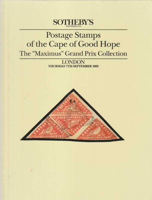 Auction Catalogue - Cape of Good Hope - The Maximus collection - Sothebys7 Sept 1989 - Hard back complete with prices realised - UK buyers only please., stamps on cape of good hope