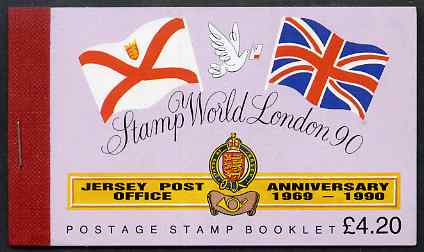 Jersey 1990 Stamp World 1990 Stamp Exhibition prestige £4.20 booklet complete, SG B42, stamps on stamp exhibitions, stamps on flags, stamps on arms, stamps on heraldry