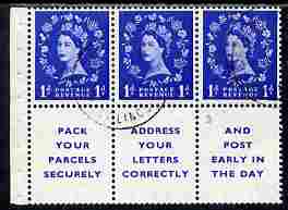 Great Britain 1955-58 Wilding 1d ultramarine Edward Crown booklet pane of 6 (3 stamps plus Pack Your Parcels Securely) with upright watermark fine used with good perfs (r..., stamps on 