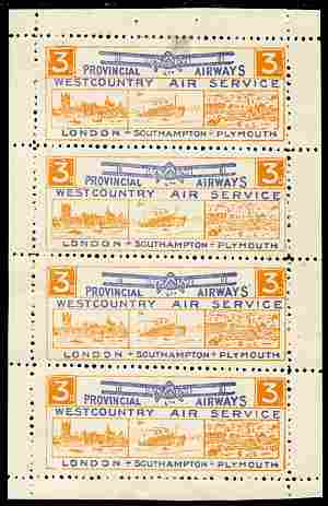 Great Britain 1930s Provincial Airways West County Air Service complete sheetlet containing 4 x 3d labels mounted mint but very scarce in complete sheet, stamps on aviation