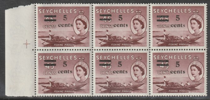 Seychelles 1957 Surcharged 5c on  45c (Fishing Pirogue) marginal block of 6 with 'italic s' on R5-3 unmounted mint SG 191b, stamps on , stamps on  stamps on fish, stamps on  stamps on fishing