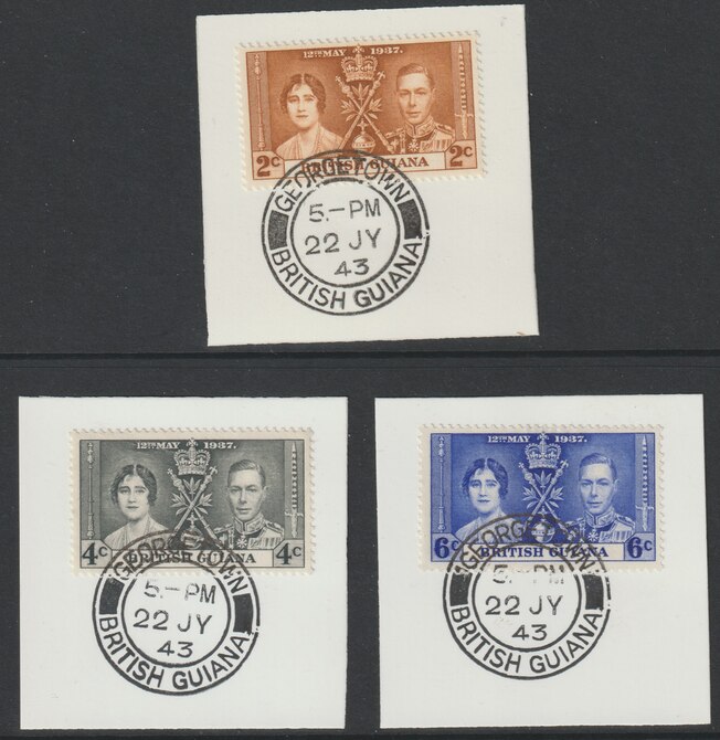 British Guiana 1937 KG6 Coronation set of 3 each on individual piece cancelled with full strike of Madame Joseph forged postmark type 64, stamps on , stamps on  stamps on , stamps on  stamps on  kg5 , stamps on  stamps on forgeries, stamps on  stamps on coronation