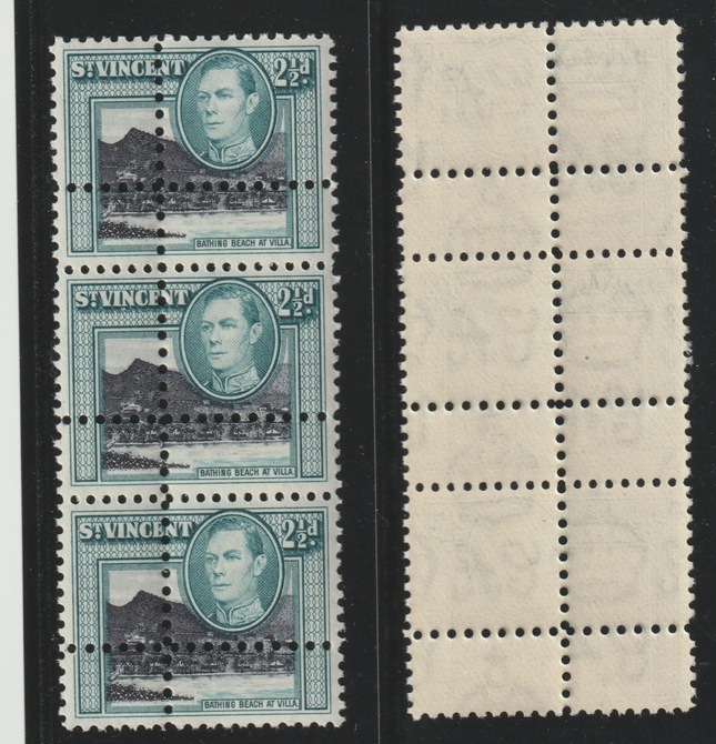 St Vincent 1938 KG6 2.5d blue-black & blue-green vert strip of three with perforations doubled (stamps are quartered) an attractive and interesting modern forgery, unmounted mint.,Note: the stamps are genuine but the additional perfs are a slightly different gauge identifying it to be a forgery., stamps on forgery, stamps on forgeries, stamps on  kg6 , stamps on 
