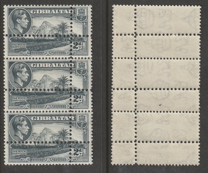 Gibraltar 1938 KG6 2d grey P13 vert strip of three with perforations doubled (stamps are quartered) an attractive and interesting modern forgery, unmounted mint.,Note: th..., stamps on forgery, stamps on forgeries, stamps on  kg6 , stamps on 