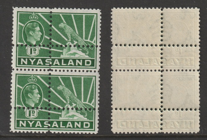 Nyasaland 1938 KG6 1/2d green vert pair with perforations doubled (stamps are quartered) an attractive and interesting modern forgery, unmounted mint.,Note: the stamps are genuine but the additional perfs are a slightly different gauge identifying it to be a forgery., stamps on forgery, stamps on forgeries, stamps on  kg6 , stamps on leopards