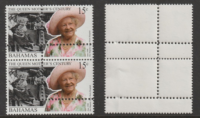 Bahamas 1999 Queen Mothers Century 15c vert pair with perforations doubled (stamps are quartered) an attractive and interesting modern forgery, unmounted mint.,Note: the ..., stamps on forgery, stamps on forgeries, stamps on royalty, stamps on queen mother, stamps on 