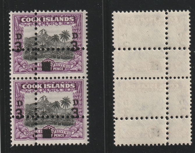 Cook Islands 1940 Surcharcged 3d on 1.5d vert pair with perforations doubled (stamps are quartered) an attractive and interesting modern forgery, unmounted mint.,Note: the stamps are genuine but the additional perfs are a slightly different gauge identifying it to be a forgery., stamps on forgery, stamps on forgeries, stamps on 