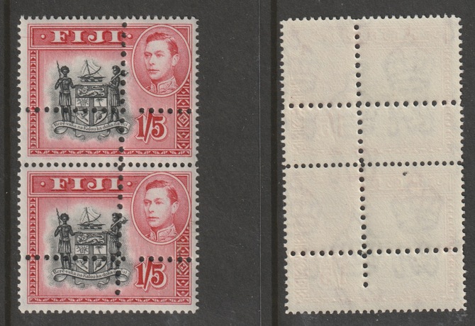 Fiji 1938  KG6 1s5d  black & carmine vert pair with perforations doubled (stamps are quartered) an attractive and interesting modern forgery, unmounted mint.,Note: the stamps are genuine but the additional perfs are a slightly different gauge identifying it to be a forgery., stamps on , stamps on  stamps on forgery, stamps on  stamps on forgeries, stamps on  stamps on  kg6 , stamps on  stamps on 