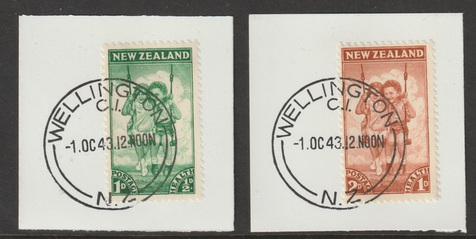 New Zealand 1942 Health - Children on Swing set of 2 (SG 634-35) on individual pieces each with full strike of Madame Joseph forged postmark type 290, stamps on children, stamps on  kg6 , stamps on forgery, stamps on 
