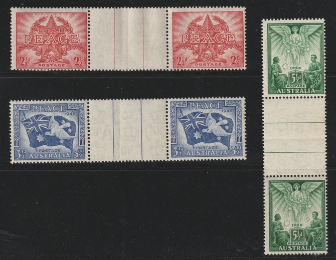 Australia 1946 Victory set of 3 in inter-paneau gutter pairs unmounted mint,, stamps on military, stamps on  kg6 , stamps on forgery, stamps on 