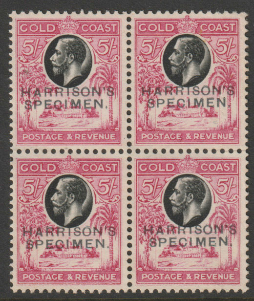Gold Coast 1928 Christiansborg Castle 5s perforated Printer's Sample Proof block of 4  in black & Rose-carmine overprinted Harrison's SPECIMEN  part original gum, stamps on castles