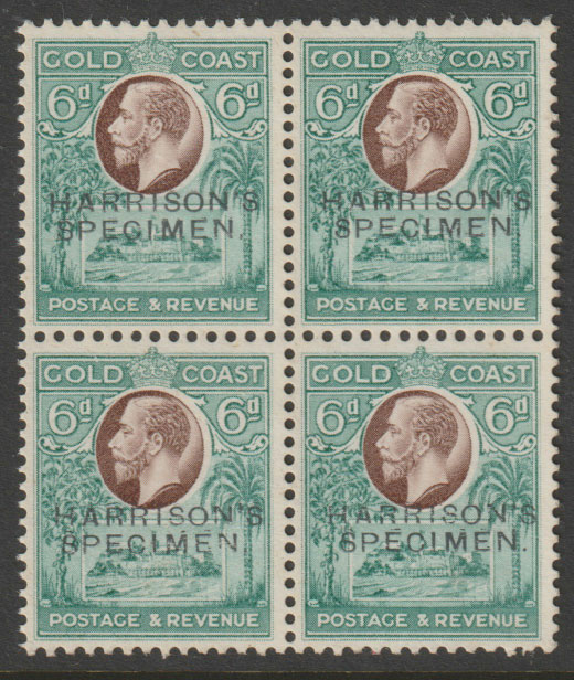 Gold Coast 1928 Christiansborg Castle 6d perforated Printer's Sample Proof block of 4 in chocolate & blue-green overprinted Harrison's SPECIMEN  part original gum, stamps on castles