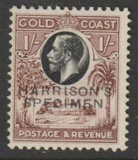 Gold Coast 1928 Christiansborg Castle 1s perforated Printer's Sample Proof in black & chocolate overprinted Harrison's SPECIMEN  part original gum, stamps on castles