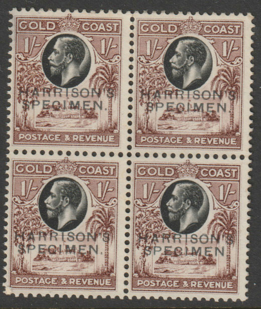 Gold Coast 1928 Christiansborg Castle 1s perforated Printer's Sample Proof block of 4 in black & chocolate overprinted Harrison's SPECIMEN  part original gum, stamps on castles