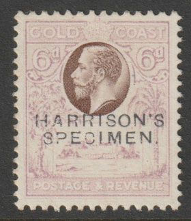 Gold Coast 1928 Christiansborg Castle 6d perforated Printer's Sample Proof in chocolate & violet overprinted Harrison's SPECIMEN  part original gum and slightly faded, stamps on castles