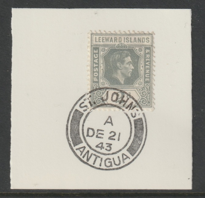 Leeward Islands 1938 KG6 Key Plate 2d grey on  piece cancelled with full strike of Madame Joseph forged postmark Antigua type 18, stamps on coronation, stamps on  kg6 , stamps on forgeries