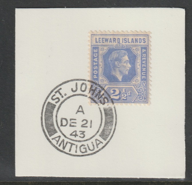 Leeward Islands 1938 KG6 Key Plate 2.5d blue on  piece cancelled with full strike of Madame Joseph forged postmark Antigua type 18, stamps on coronation, stamps on  kg6 , stamps on forgeries