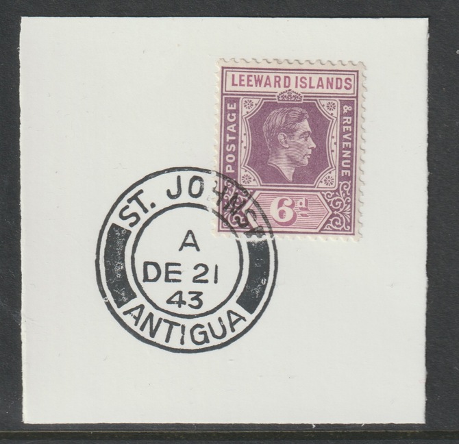 Leeward Islands 1938 KG6 Key Plate 6d dull & bright purple on  piece cancelled with full strike of Madame Joseph forged postmark Antigua type 18, stamps on coronation, stamps on  kg6 , stamps on forgeries