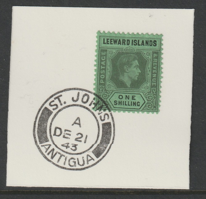 Leeward Islands 1938 KG6 Key Plate 1s black on emerald purple on  piece cancelled with full strike of Madame Joseph forged postmark Antigua type 18, stamps on coronation, stamps on  kg6 , stamps on forgeries