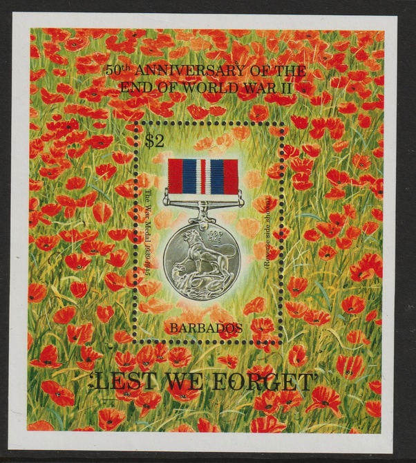 Barbados 1995 50th Anniversary of end of World War II perf m/sheet (Lest We Forget) unmounted mint, SG MS1052, stamps on , stamps on  stamps on , stamps on  stamps on  ww2 , stamps on  stamps on militaria, stamps on  stamps on medals
