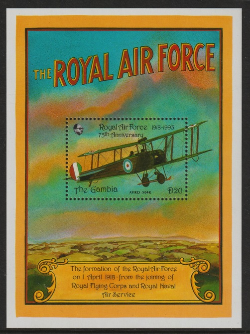 Gambia 1993 75th Anniversary of Royal Air Force perf m/sheet (Avro Sark) unmounted mint SGMS1533c, stamps on , stamps on  stamps on aviation, stamps on  stamps on  ww2 , stamps on  stamps on  raf , stamps on  stamps on royal air force, stamps on  stamps on 