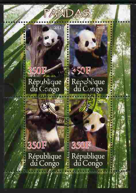 Congo 2012 Pandas perf sheetlet containing 4 values cto used , stamps on animals, stamps on bears, stamps on pandas