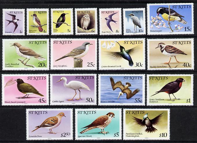 St Kitts 1981-82 Birds definitive set of 18 values complete without imprint date unmounted mint, SG 53A-70A, stamps on , stamps on  stamps on birds, stamps on  stamps on birds of prey, stamps on  stamps on hummingbirds