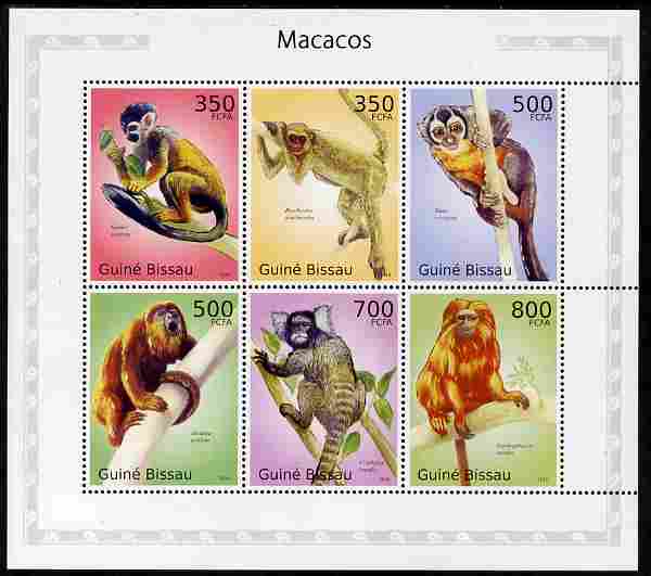 Guinea - Bissau 2010 Macaques perf sheetlet containing 6 values unmounted mint , stamps on animals, stamps on apes, stamps on macaques